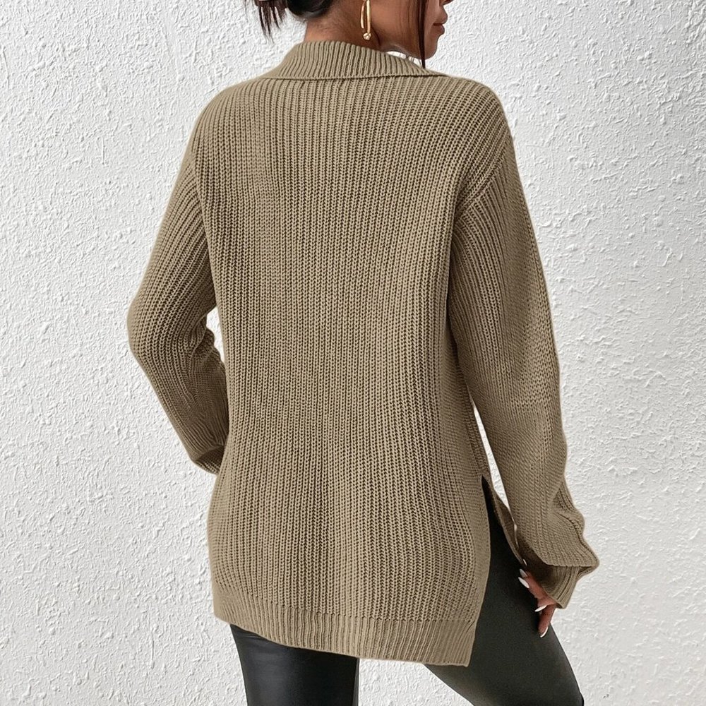 Casual Half Zip Split Hem Drop Shoulder Sweater Khaki - Picture 3 of 5